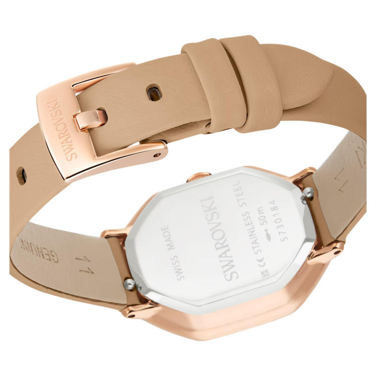 Dextera octagon watch Swiss Made, Leather strap, Brown, Rose gold-tone finish